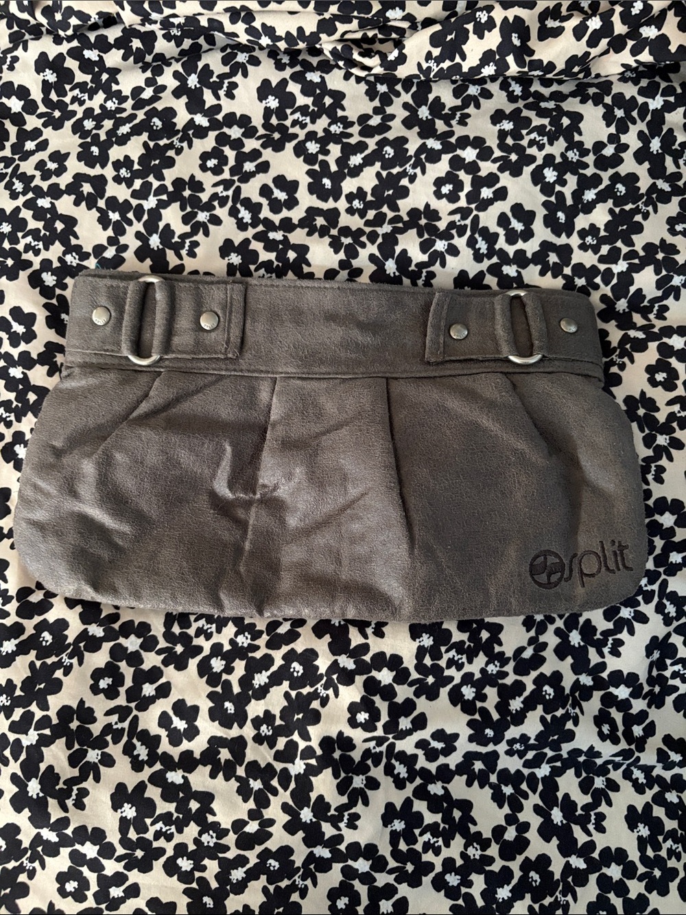 split Gray Vegan Suede Pleated Clutch with D-Ring Accents